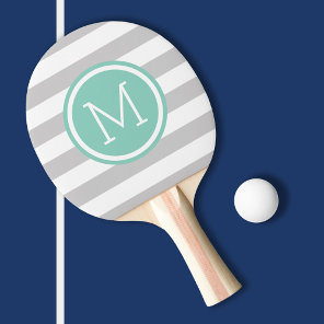 Gray and Aqua Preppy Stripes Monogram Ping-Pong Paddle