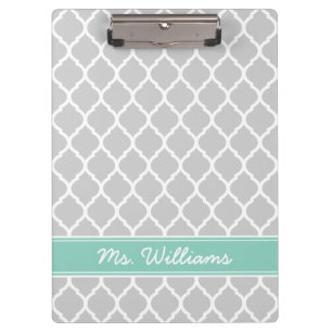 Gray and Aqua Quatrefoil Custom Monogram Clipboard