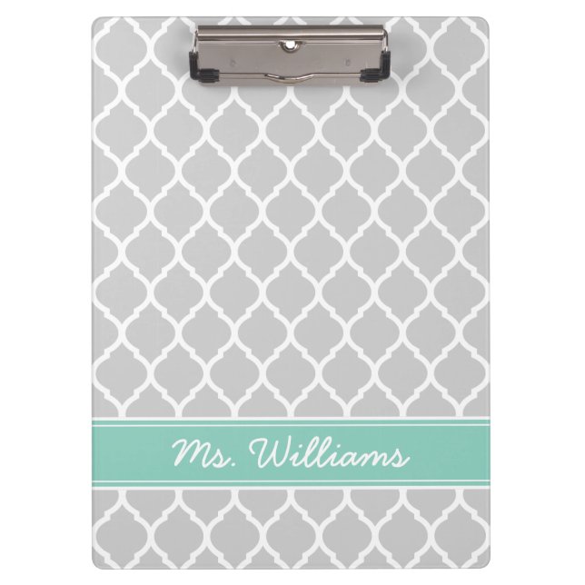 Gray and Aqua Quatrefoil Custom Monogram Clipboard (Front)