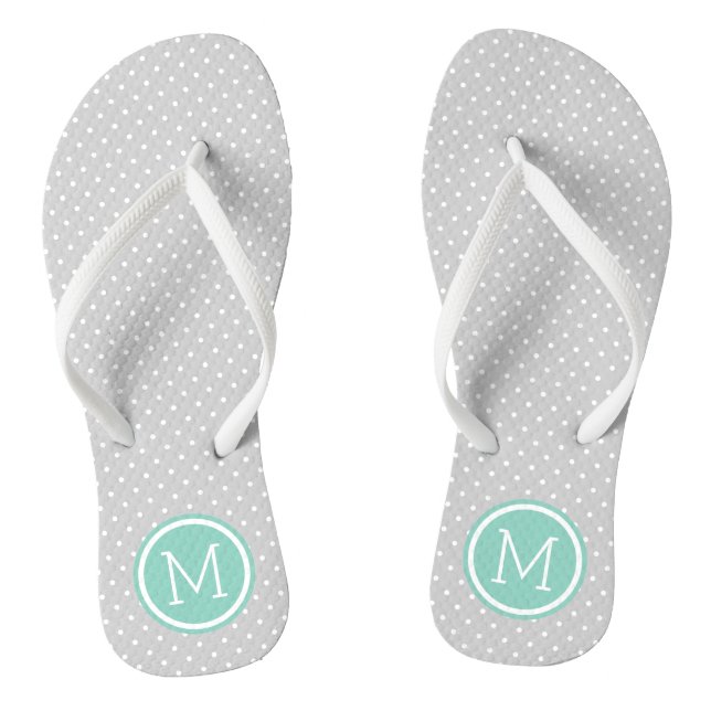 Gray and Aqua Tiny Dots Monogram Flip Flops (Footbed)