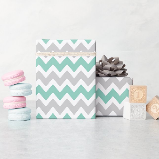 Gray and Aqua Zigzag Chevron Stripes Wrapping Paper (Baby Shower)