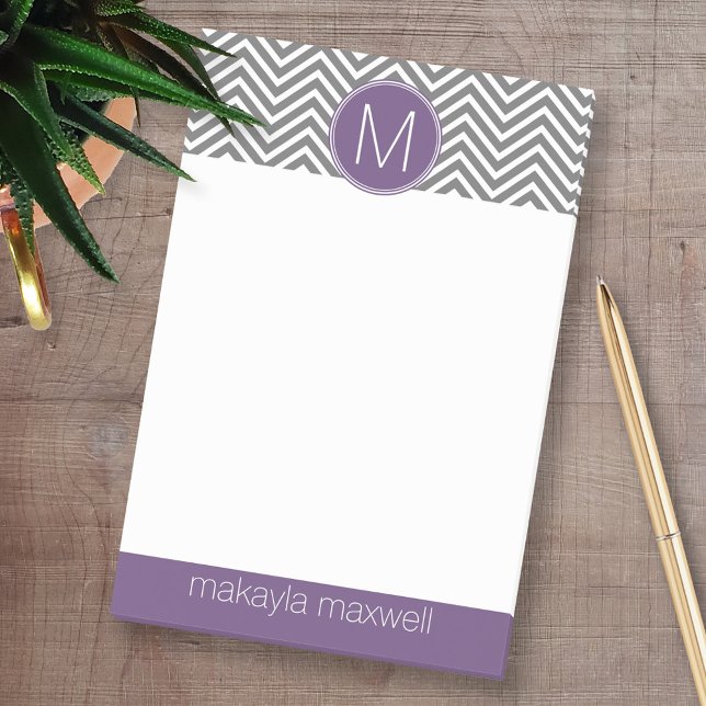 Gray and Aubergine Chevrons with Custom Monogram Post-it Notes (Custom Post-it Note Pads - Add your name and other text)