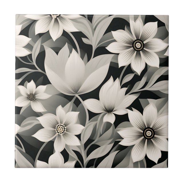 Gray And Black Botanical Pattern Ceramic Tile (Front)