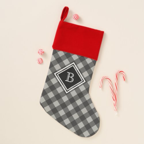 Gray and Black Buffalo Check Custom Monogram Christmas Stocking