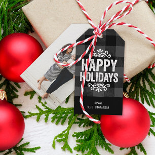Gray and Black Buffalo Check Rustic Holiday Photo Gift Tags