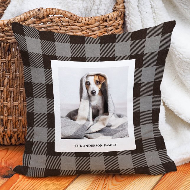 Gray and Black Buffalo Plaid | Family Photo Throw Pillow (Creator Uploaded)