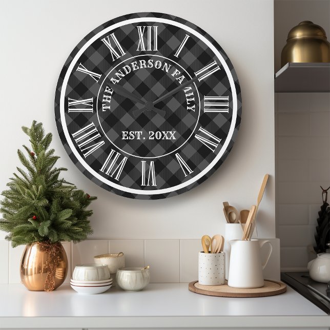 Gray And Black Buffalo Plaid Rustic Roman Numeral Large Clock (Creator Uploaded)