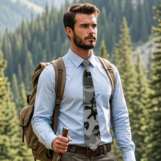 Gray and Black Camouflage Necktie (Man in nature wearing a grey camo necktie.)