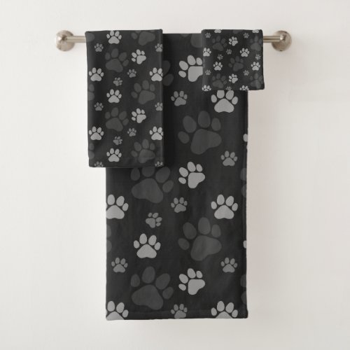 Gray and Black Cat Paw Pattern Bath Towel Set