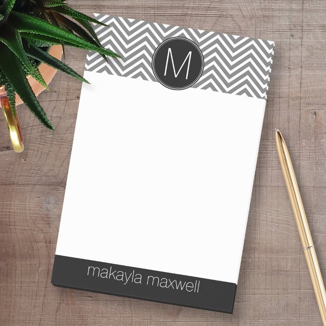 Gray and Black Chevrons with Custom Monogram Post-it Notes (Custom Post-it Note Pads - Add your name and other text)