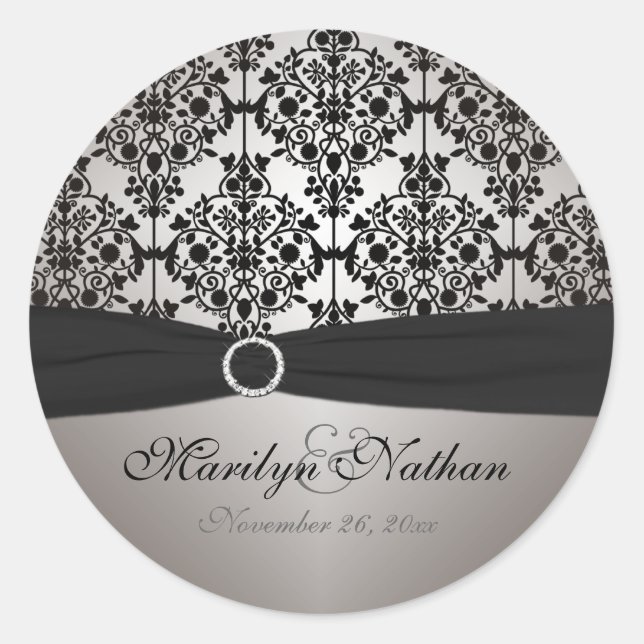 Gray and Black Damask 1.5" Round Sticker (Front)