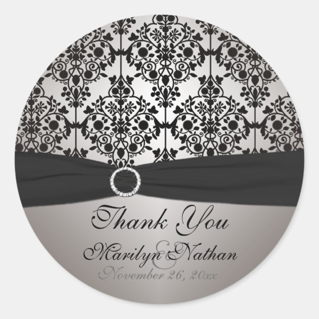 Gray and Black Damask 3" Round Sticker (Front)