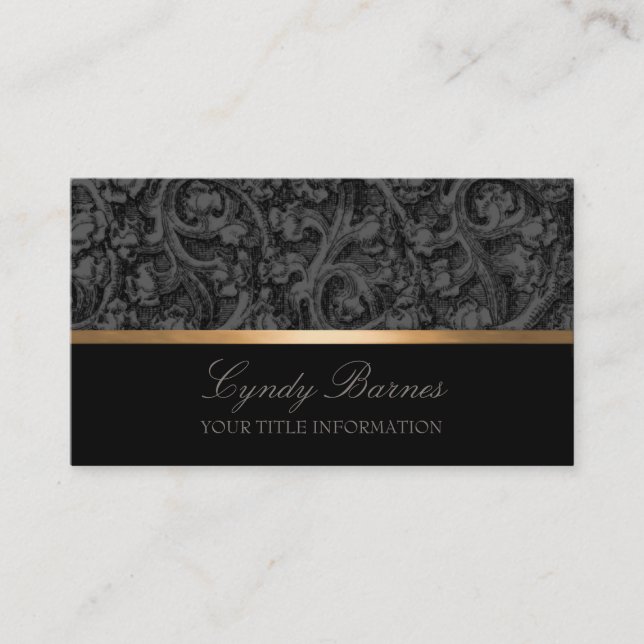 Gray and Black Damask Business Card (Front)