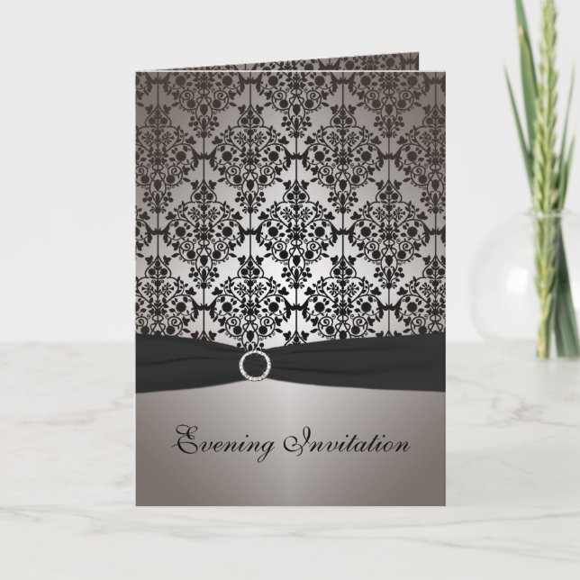 Gray and Black Damask Card Style Evening Invite (Front)