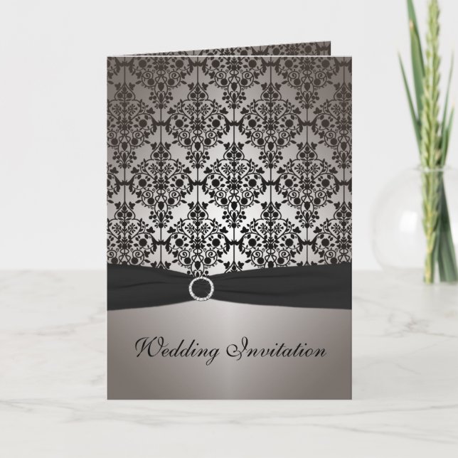 Gray and Black Damask Card Style Wedding Invite (Front)