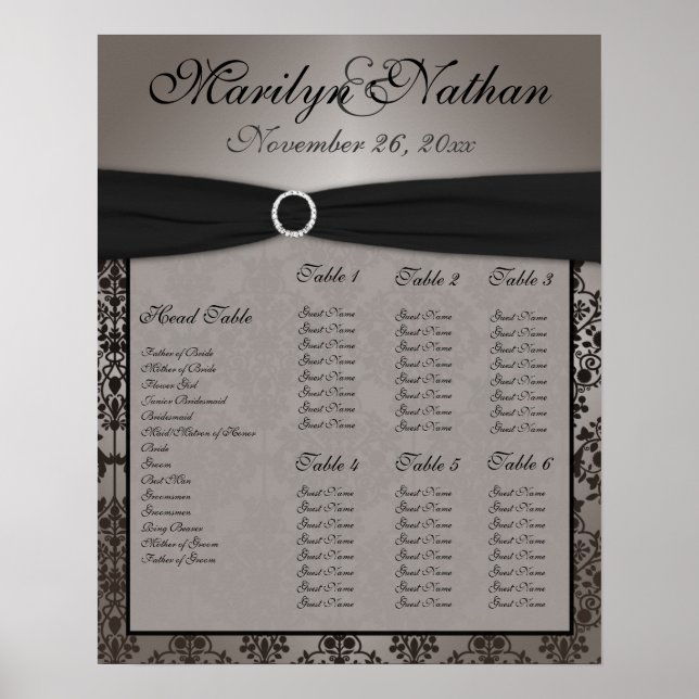 Gray and Black Damask Reception Seating Chart (Front)