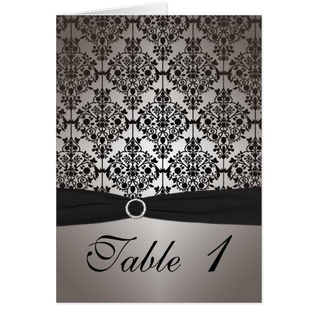 Gray and Black Damask Table Number Card (Front)