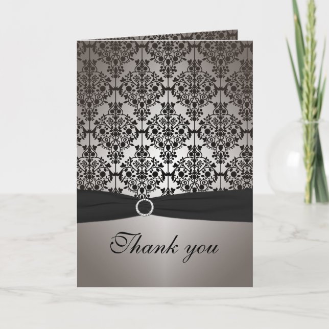 Gray and Black Damask Thank You Card (Front)
