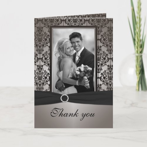 Gray and Black Damask Thank You Card with Photo