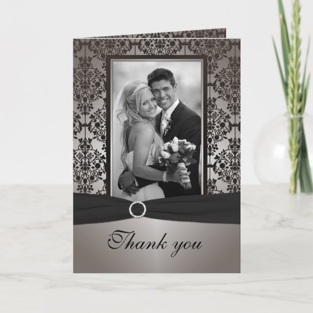 Gray and Black Damask Thank You Card with Photo (Front)