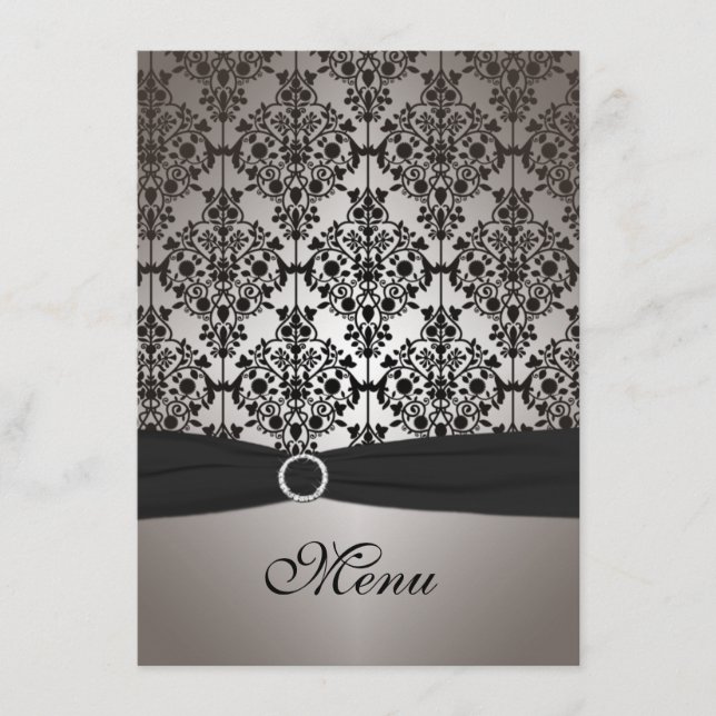 Gray and Black Damask Wedding Menu Card (Front)