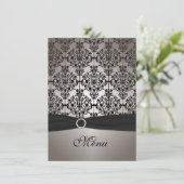 Gray and Black Damask Wedding Menu Card (Standing Front)