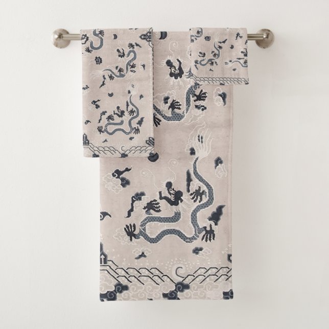 Gray and Black Deco Dragon Art Bath Towel Set (Insitu)
