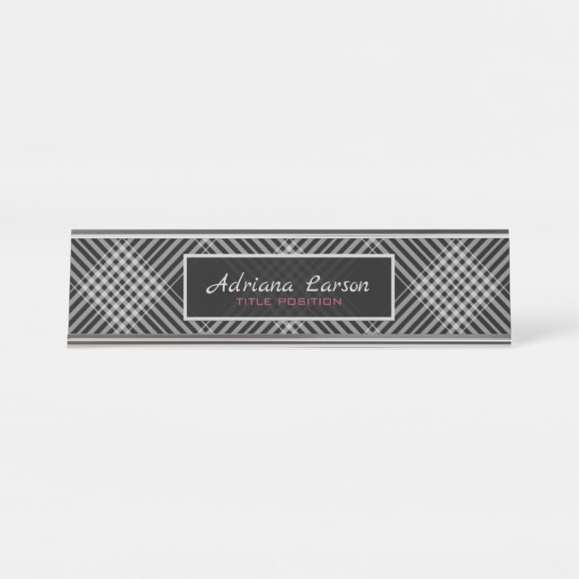 Gray And Black Diagonal Plaid Desk Name Plate (Front)