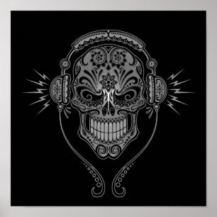 Gray and Black DJ Sugar Skull Poster