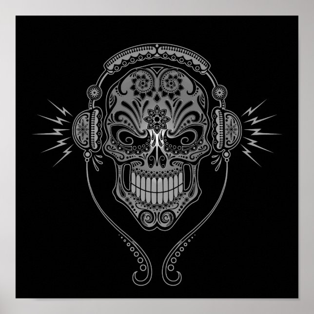 Gray and Black DJ Sugar Skull Poster (Front)