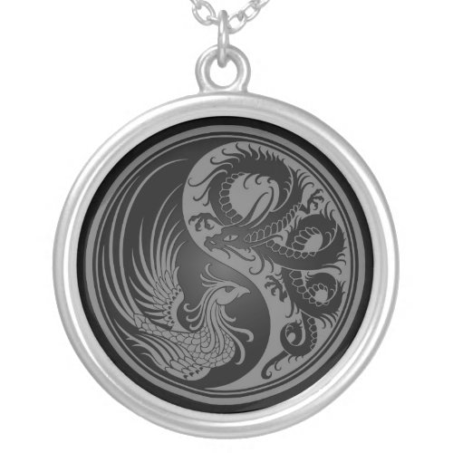 Gray and Black Dragon Phoenix Yin Yang Silver Plated Necklace