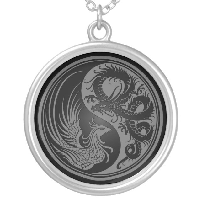 Gray and Black Dragon Phoenix Yin Yang Silver Plated Necklace (Front)