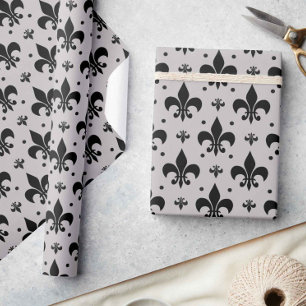 Gray and Black Fleur-de-lis Pattern Design Wrapping Paper