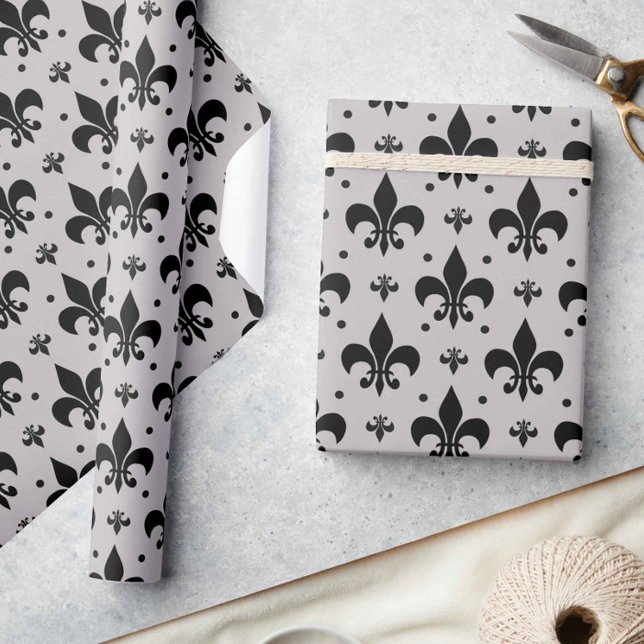 Gray and Black Fleur-de-lis Pattern Design  Wrapping Paper (Creator Uploaded)