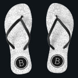 Gray and Black Floral Damask Monogram Flip Flops<br><div class="desc">Custom printed flip flop sandals with a stylish elegant floral damask pattern and your custom monogram or other text in a circle frame. Click Customize It to change text fonts and colors or add your own images to create a unique one of a kind design!</div>