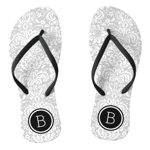 Gray and Black Floral Damask Monogram Flip Flops