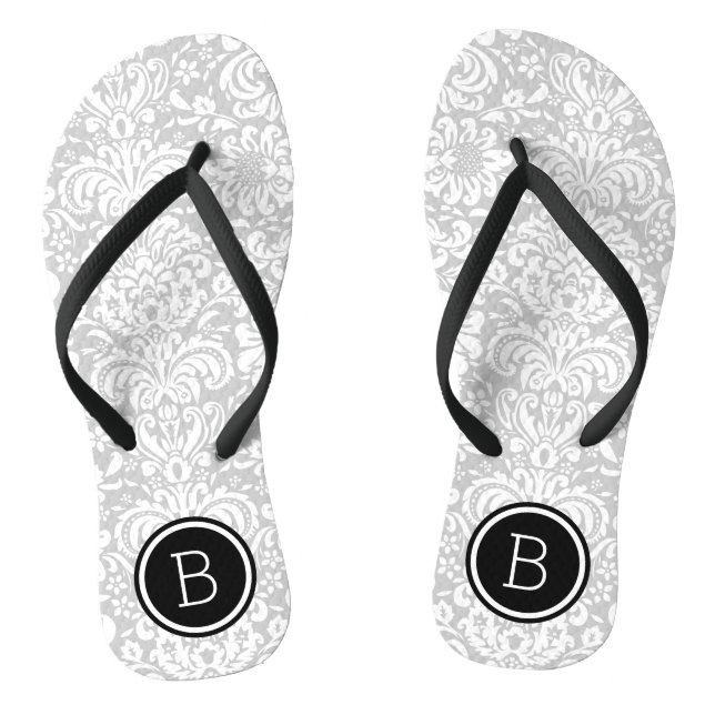 Gray and Black Floral Damask Monogram Flip Flops (Footbed)