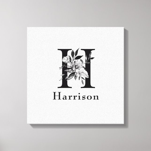 Gray and Black  Floral Monogram Letter H Custom Canvas Print (Front)
