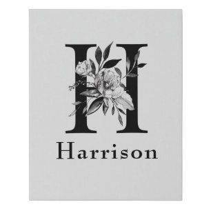 Gray and Black Floral Monogram Letter H Custom Faux Canvas Print