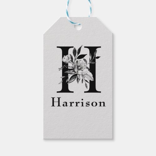 Gray and Black  Floral Monogram Letter H Custom Gift Tags