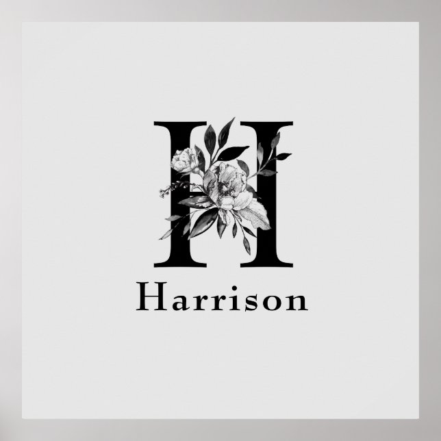 Gray and Black  Floral Monogram Letter H Custom Poster (Front)