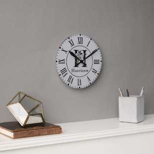 Gray and Black Floral Monogram Letter H Custom Round Clock