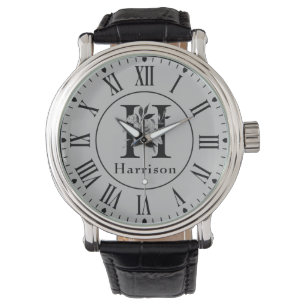 Gray and Black Floral Monogram Letter H Custom Watch