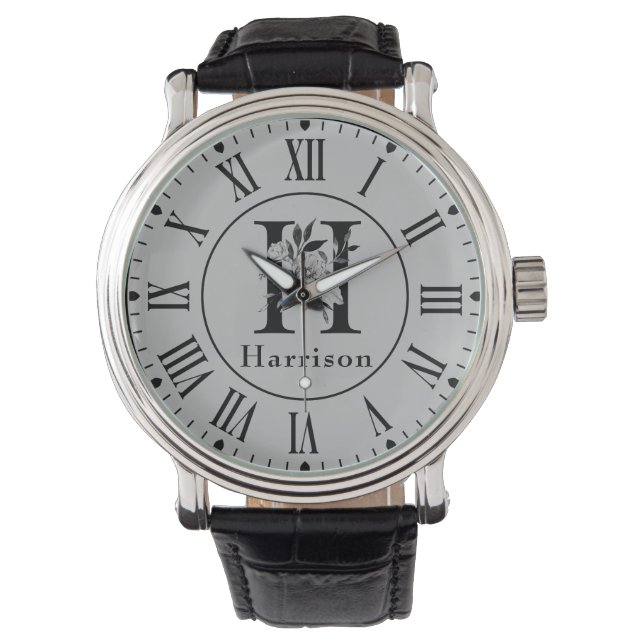 Gray and Black  Floral Monogram Letter H Custom Watch (Front)