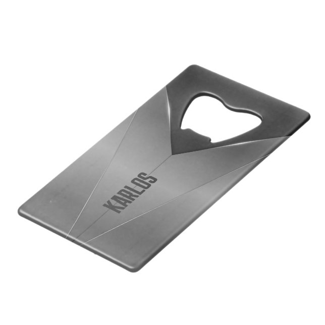 Gray and black geometric metallic design credit card bottle opener (Back Angled)
