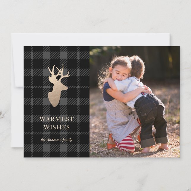 Gray and Black Golden Deer Holiday Photo Card (Front)