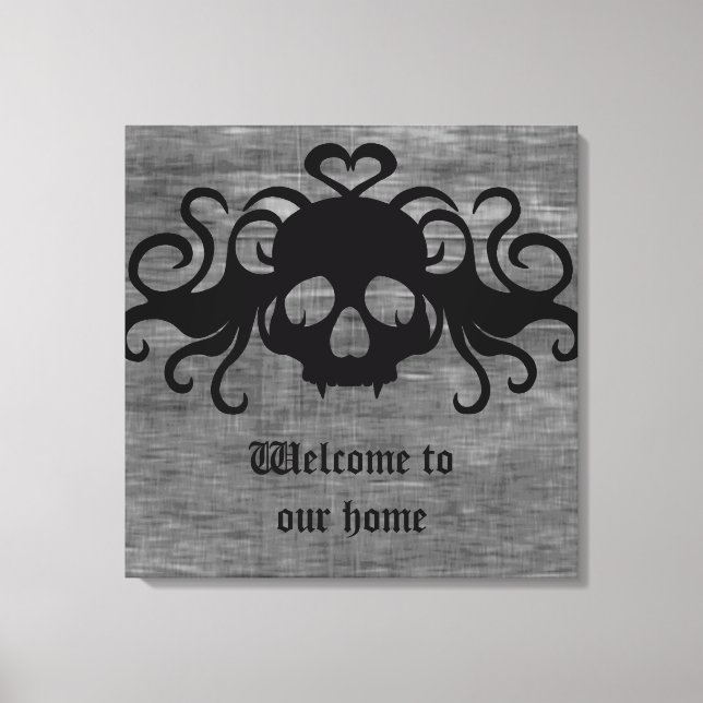 Gray and black goth fanged vampire skull canvas print (Front)