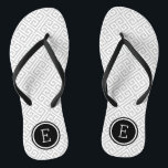 Gray and Black Greek Key Monogram Flip Flops<br><div class="desc">Custom printed flip flop sandals with a stylish modern Greek key pattern and your custom monogram or other text in a circle frame. Click Customize It to change text fonts and colors or add your own images to create a unique one of a kind design!</div>