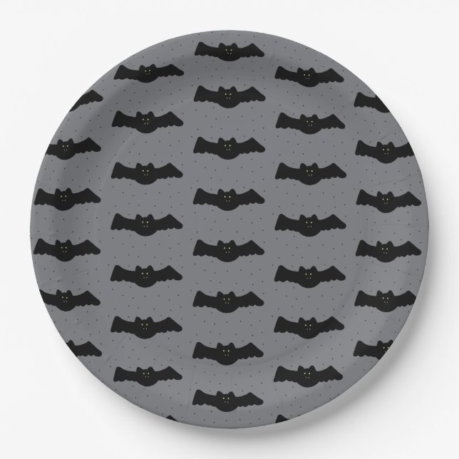 Gray and Black Halloween Bats Paper Plates (Front)