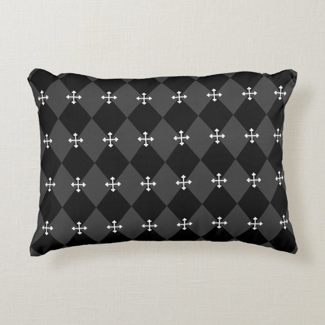 Gray and Black Harlequin Design with Gothic Cross Accent Pillow (Front)